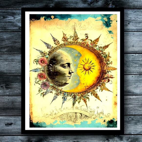 Handmade Other - Sun Moon Celestial Floral Vintage Art Print Moon Sun Star